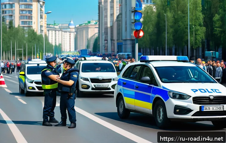도로교통사 실무에서의 팀워크 - A dynamic scene showing a diverse group of Russian police officers coordinating at a busy urban road...