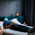 Home 18 도로교통사 근무시간과 워라밸 - A dedicated road service worker resting peacefully in a dark, quiet bedroom during daytime after a n...