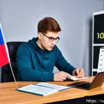 Home 23 도로교통사 필기시험 대비를 위한 학습 방법 분석 - A focused young Russian adult studying official driving manuals at a cozy home desk with a laptop an...