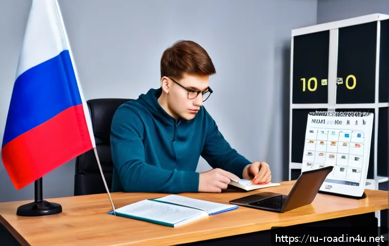 도로교통사 필기시험 대비를 위한 학습 방법 분석 - A focused young Russian adult studying official driving manuals at a cozy home desk with a laptop an...