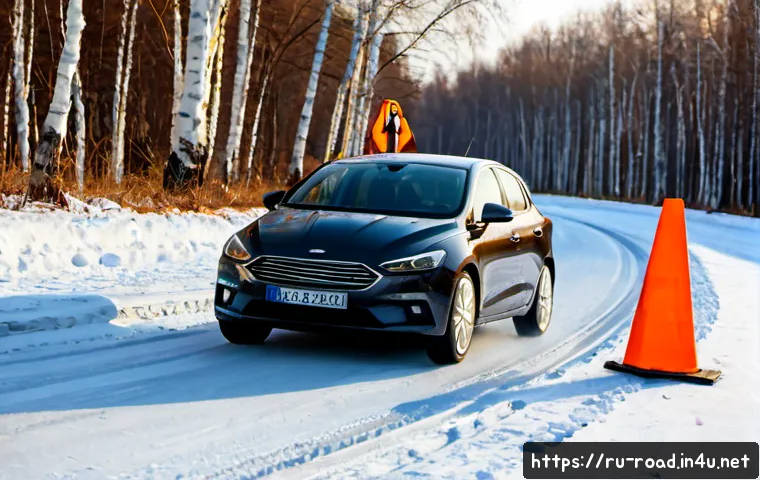 Home 17 도로교통사 실습 과정에서 필요한 기술 - Photorealistic driving safety training on a snowy Russian practice track, adult learner in a modern ...