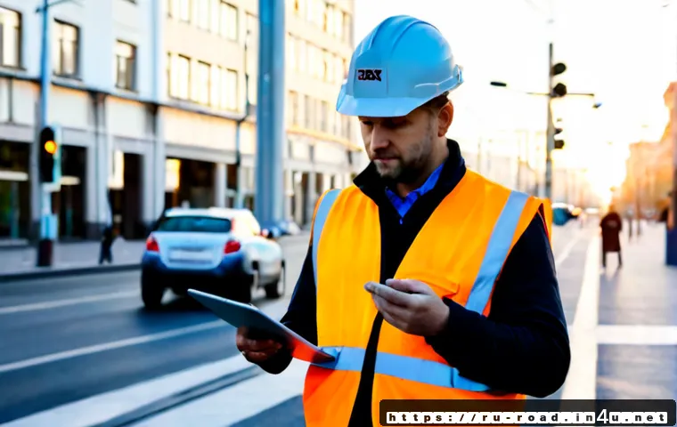 도로교통사와 관련된 유망 직종 - Photorealistic Russian urban traffic engineer in a reflective safety vest and hard hat, standing bes...