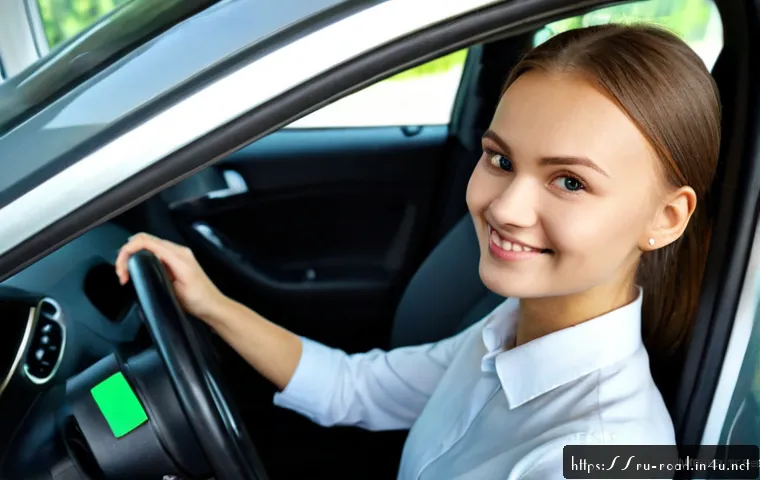 도로교통사 필기시험 성공 사례 분석 - Photorealistic Russian driving theory exam success scene, a relieved young adult candidate seated at...