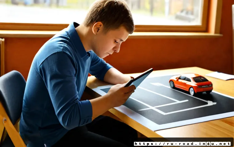 도로교통사 필기시험 고득점 비법 - Photorealistic Russian driving theory exam preparation scene, focused adult learner at a clean woode...